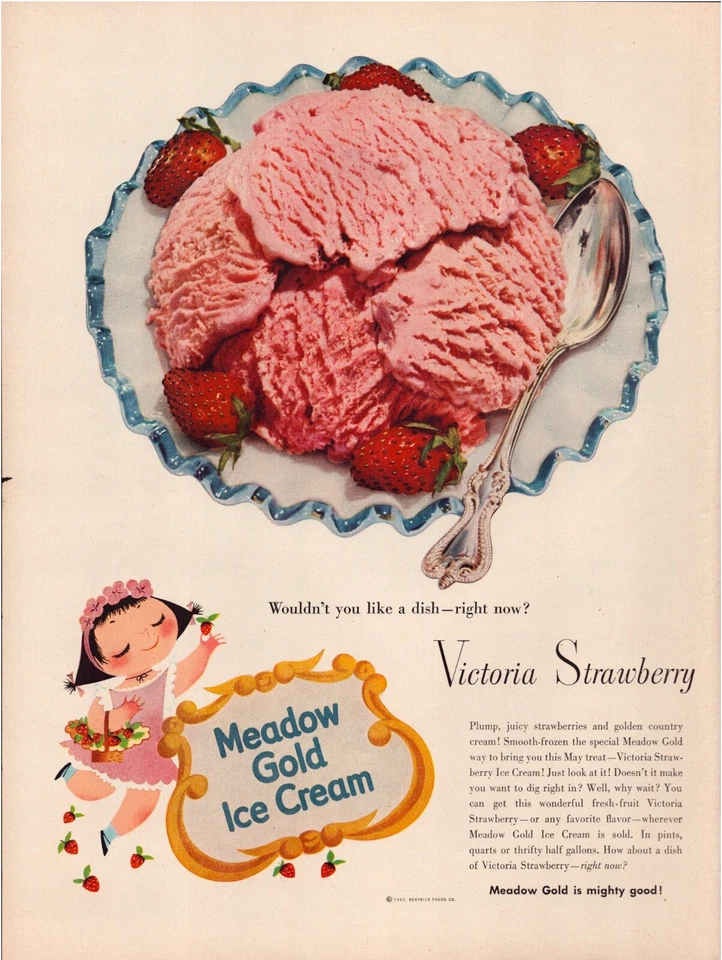 Anuncio impreso Meadow Gold Ice Cream 1953 Victoria Strawberry página completa 10,5"x13,5" Foto 1 de 1