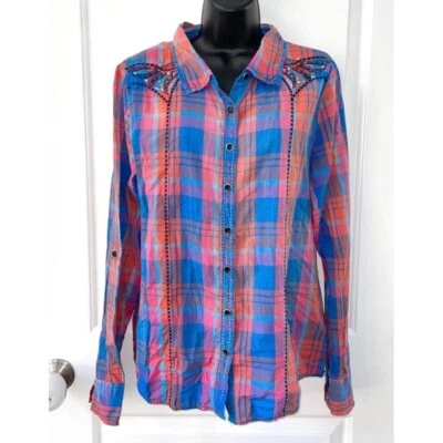 Camisa embelezada de strass ocidental xadrez rugido tamanho grande - Imagem 1 de 4