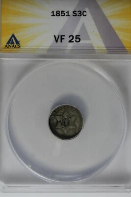 1851 .03 ANACS  VF 25    STAR AND SHIELD three cent (3c) piece, Trime - Image 1 of 2
