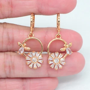 18K Yellow Gold Filled Women Pink Mystic Topaz Flower Bowknot Dangle Earrings - Picture 1 of 8