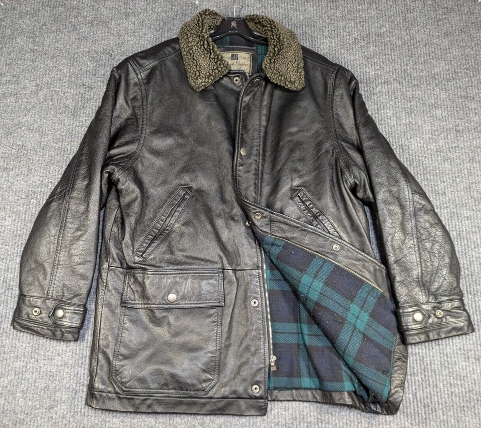 VTG Gap Leather Jacket Mens Medium Black Full Zip Blanket Lined Sherpa Collar - Image 1 of 4