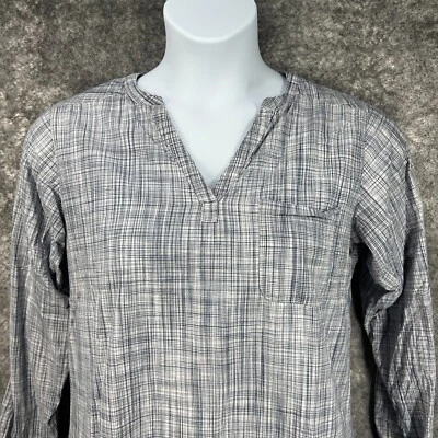 Camisa Magallanes Mujer Grande Azul Cuadros Algodón Cuello Dividido Plisada Espalda Exterior Foto 1 de 4