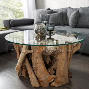 60cm Solid Teak Wood Coffee Table Glass Top Tree Trunk Root Natural Furniture - Picture 1 of 18