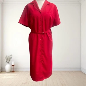 Vintage Marks & Spencer Red Collared Smart Midi Belted Shirt Dress Size 22 - Picture 1 of 3