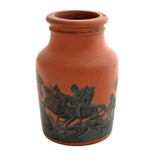 Antique 1880s  Red Ware Prattware Detailed Boar Hunt Scene Mustard Jar - Picture 1 of 7