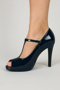 Zapatos de salón Audrey Brooke azul marino charol punta abierta talla 10 correa en T - Imagen 1 de 8