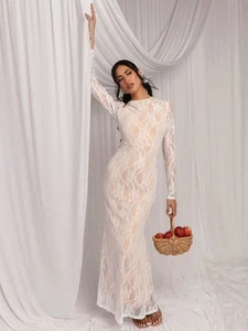 SHEIN Kleid Langarm Maxikleid Spitze Weiß Damen Größe S Neu - Bild 1 von 4