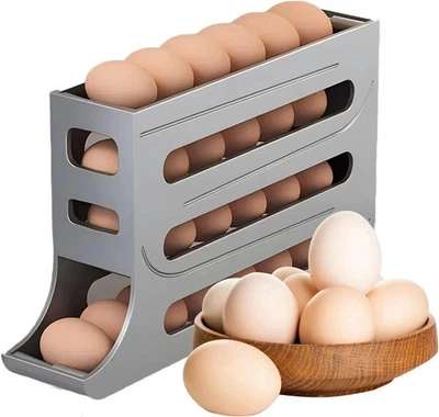 4‑Tier Egg Rolling Rack Egg Holder Tray Kitchen Fridge Storage Organiser - Grey - Image 1 of 4