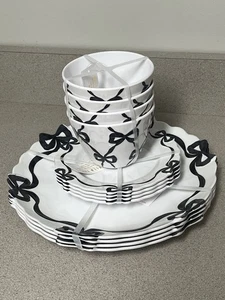 Bella Lux Black White Coquette Ribbon Bows Melamine Plates Bowls 12~PC Set NWT - Picture 1 of 6