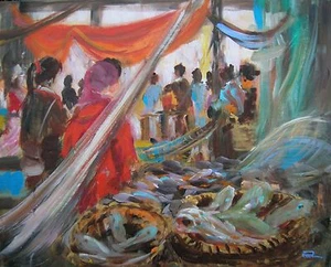 LEON GOODMAN ORIGINAL Pescare il mercato, Venezia GOLDEN VENICE OIL PAINTING  - Picture 1 of 1