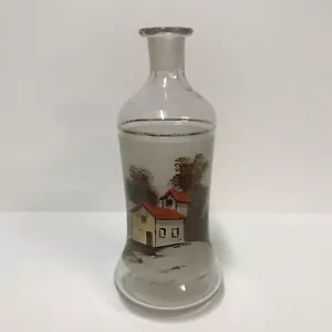 Bottiglia liquore decanter vetro trasparente dipinta a mano vintage anni 20 casa alberi paesaggio - Foto 1 di 12