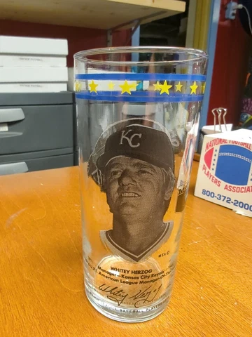 Vintage Baseball 1977 MLB Kansas City Royals WHITEY HERZOG Tall Bar Glass 6.5" Cover