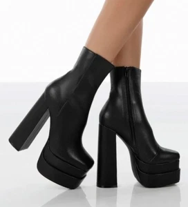 SUPINE by Public Desire, TRENDY Black PU 6.25" heel double platform boots, SZ 9W - Picture 1 of 5