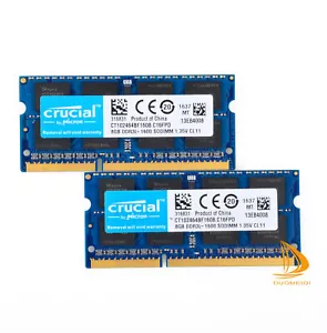 Kits Crucial 16GB 8GB 2Rx8 PC3L-12800S DDR3-1600Mhz SODIMM Laptop Memory RAM D#D - Picture 1 of 8