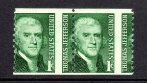 US Scott 1299 Perforation Error Pair 1c Thomas Jefferson VF MNH 1968 Misperf - Bild 1 von 2