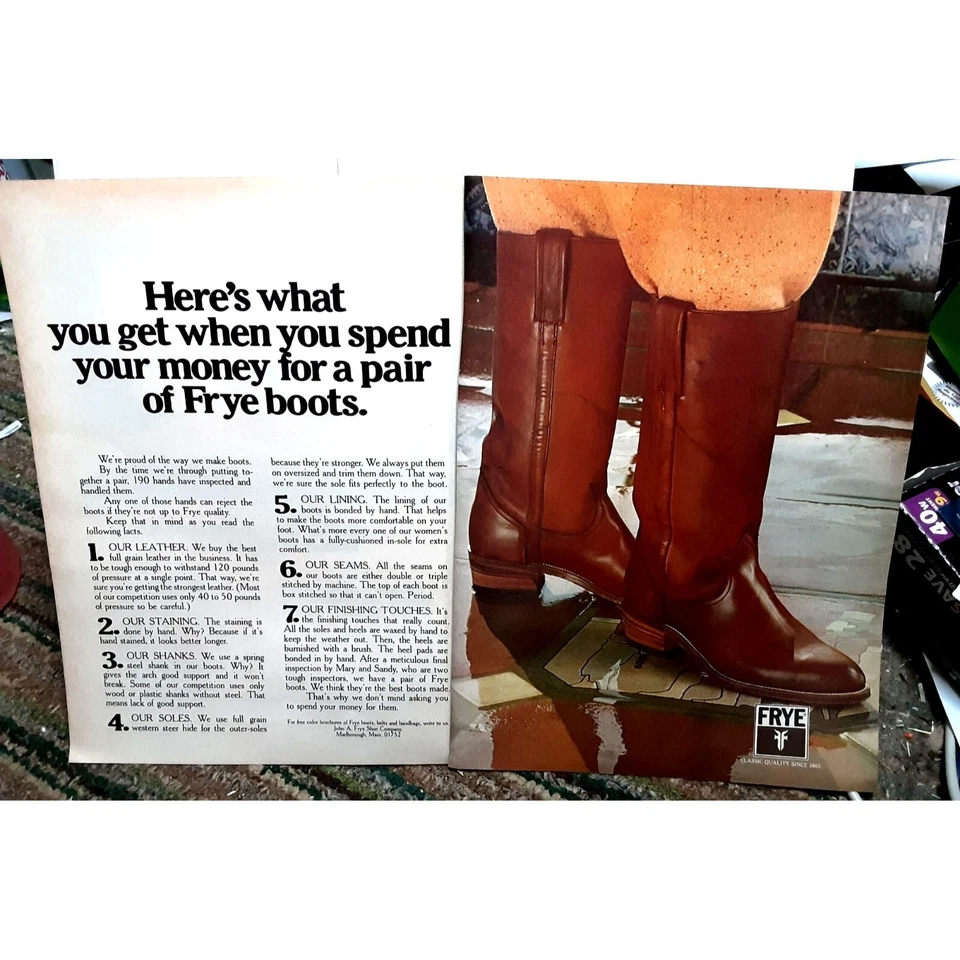 Botas Frye 1978 para hombre anuncio de 2 páginas anuncio impreso vintage años 70 originales Foto 1 de 1