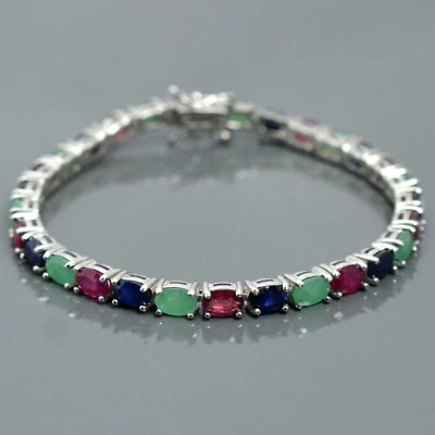 Natural Ruby & Emerald Sapphire Mix Gemstone 925 Sterling Silver Tennis Bracelet - Image 1 of 4