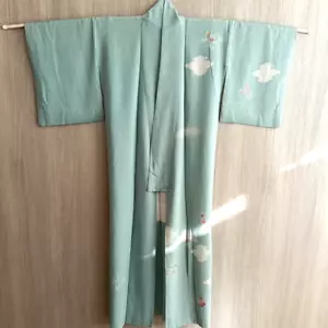 Japanischer Kyoto schöner Kimono Yukata Haori grün Höhe 64,96 Zoll Seide gebraucht - Bild 1 von 14