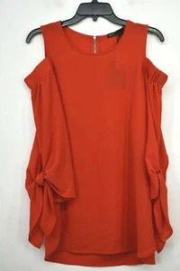 Gibson Womens Orange 3/4 Sleeves Tie Cuff Scoop Neck Cold Shoulder Top Blouse S - Picture 1 of 10
