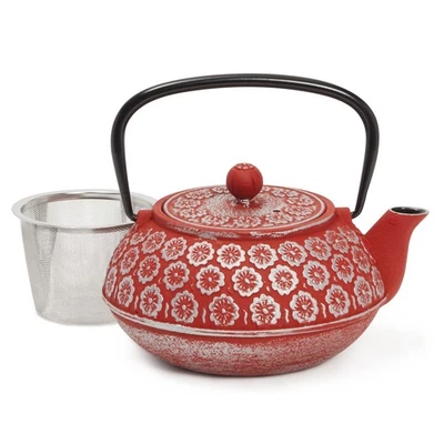34oz Classic Cast Iron Tea Pot Kettle with Stainless Steel Infuser, Red Floral - Image 1 of 4