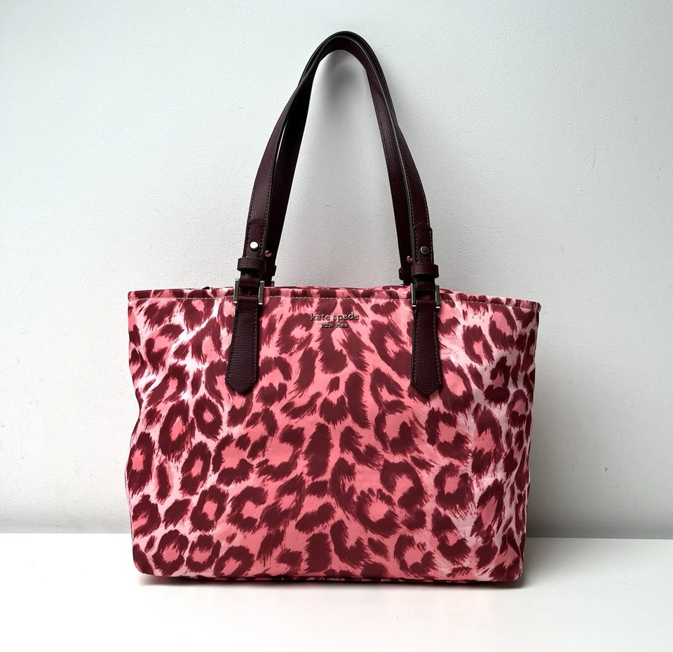 KATE SPADE Taylor Leopard Medium Tote Shoulder Bag Pink Red Multi Nylon Zip Top - Image 1 of 4