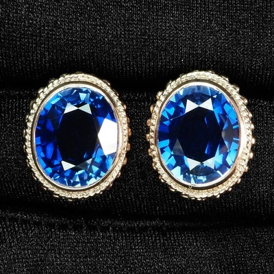精致生动蓝色蓝宝石 12.40 克拉 925 纯银玫瑰金耳环 — 第 1/4 张图片