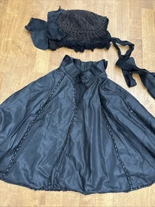 Antique Victorian Black Silk Mourning Cape Capelet Glass Beading With Bonnet - Picture 1 of 13