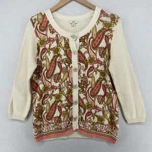 J. JILL Cardigan M Linen Cotton Paisley Jumper Button Front 3/4 Sleeve Off White - Picture 1 of 12