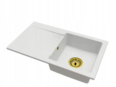 Granitspüle Küche BRADO Leon Weiß – Einbauspüle + goldener Siphon