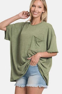 Zenana Drop Shoulder Oversized Front Pocket T-Shirt - Picture 1 of 5