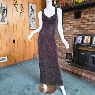 Vtg 90s Glitter Goth Starry Night Metallic Silver Prom Gown Maxi Vampy Dress S/M - Image 1 of 4