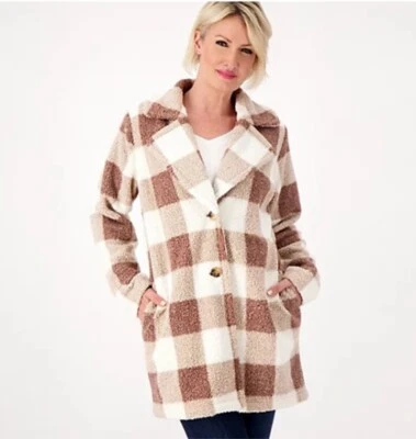 Abrigo de peluche Sherpa Joan Rivers Petite Buffalo Check nuevo con etiquetas en caqui talla MP Foto 1 de 4