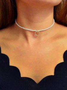 Valentine's Day Gift Short Pearl Chain Rhinestone Heart Charm Textured Necklace - Picture 1 of 5