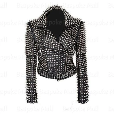 Nueva Chaqueta de Cuero Clásica de Motociclista Brando con Tachuelas con Picos Negra Plateada para Mujer-18 Foto 1 de 4
