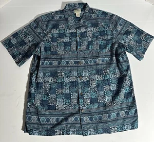 LL Bean Shirt Mens Large Blue Geometric Aztec Mayan Hawaiian Tropic Button Up - Picture 1 of 6