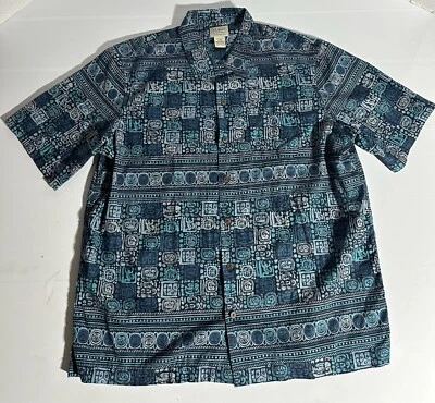 LL Bean Shirt Mens Large Blue Geometric Aztec Mayan Hawaiian Tropic Button Up - Image 1 of 4