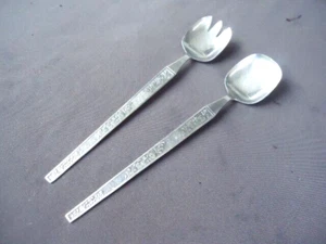 vintage retro stainless steel salad servers floral design handles 1960's - Bild 1 von 3