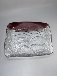 Art Glass Platter Tray Clear & Burgundy Textured Icy Design Modern 24 x 18 cm - Picture 1 of 5