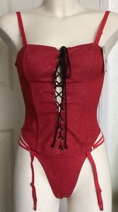 X2X Sexy Lingerie Basque Set. Basque & Thong Red Denim with Glitter detail.UK 10 - Picture 1 of 11