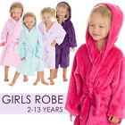 Girls Plain Hooded Dressing Gown Plush Fleece Lounge Robe Bathrobe UK 2-13 Years