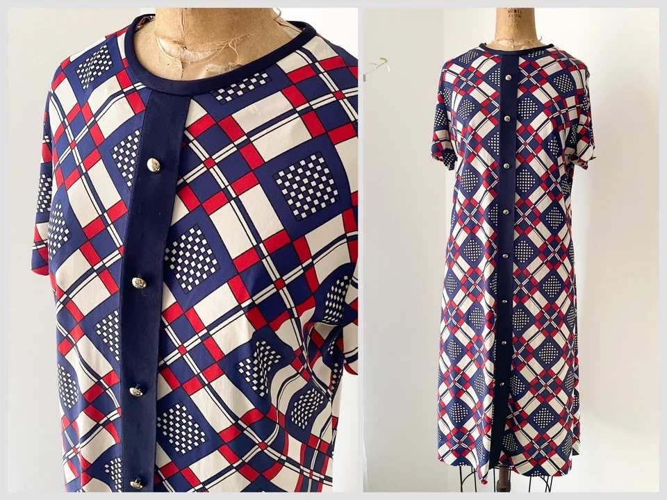 Vintage ‘60s 1970’s Soft Tricot Nylon Dress Red White & Blue Graphic Print S - Image 1 of 4