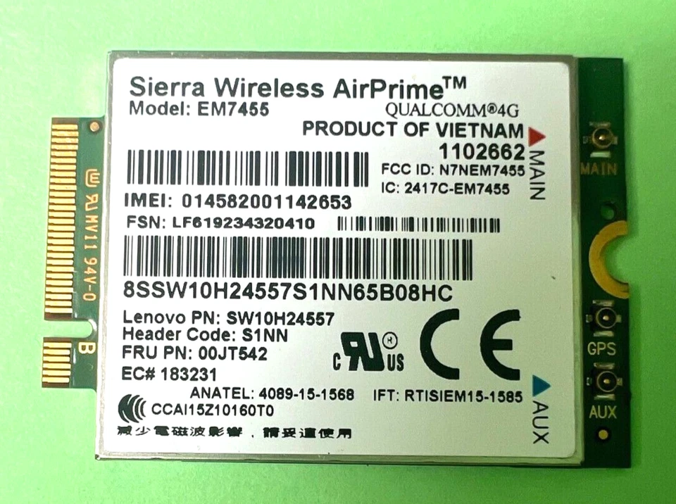 Lenovo EM7455  WWAN 00JT542 Sierra LTE UMTS 4G  SW10H24557 Lenovo T460 P50 P70 - Bild 1 von 1
