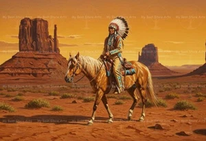NATIVE AMERICAN WARRIOR HORSEBACK ART PRINT, Western Wall Decor, Desert Poster - Picture 1 of 2