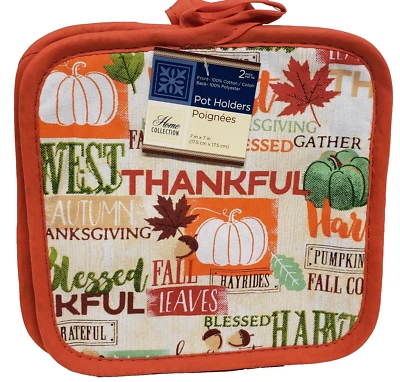 2 Same Printed Kitchen Pot Holders, FALL, HARVEST WORDS, THANKFUL, red back, GR - Image 1 of 4