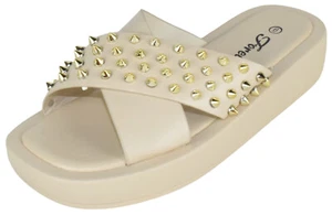 Forever Women Sandals Crisscross Studded Strap Spikes Band Platform SURE75 Beige - Picture 1 of 3