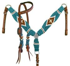 Showman Pony Teal, White & Brown Corded Single Ear Headstall & Breast Collar Set