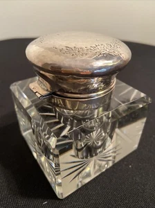ANTIGUO TINTERO INGLÉS CRISTAL Y PLATA DE LEY - Imagen 1 de 7