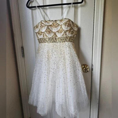 Sherri Hill Dress M Beaded Tulle Homecoming Short Fairy Princess Gold White 2794 - Image 1 of 4