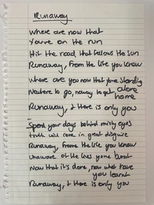 BLACK DOLDRUMS ORIGINAL HANDWRITTEN RUNAWAY SONG LYRICS RECORDING SESSION - Picture 1 of 1