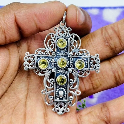 Colgante Cruz Joyería Piedras Preciosas Citrino Amarillo Plata de Ley 925 Foto 1 de 4